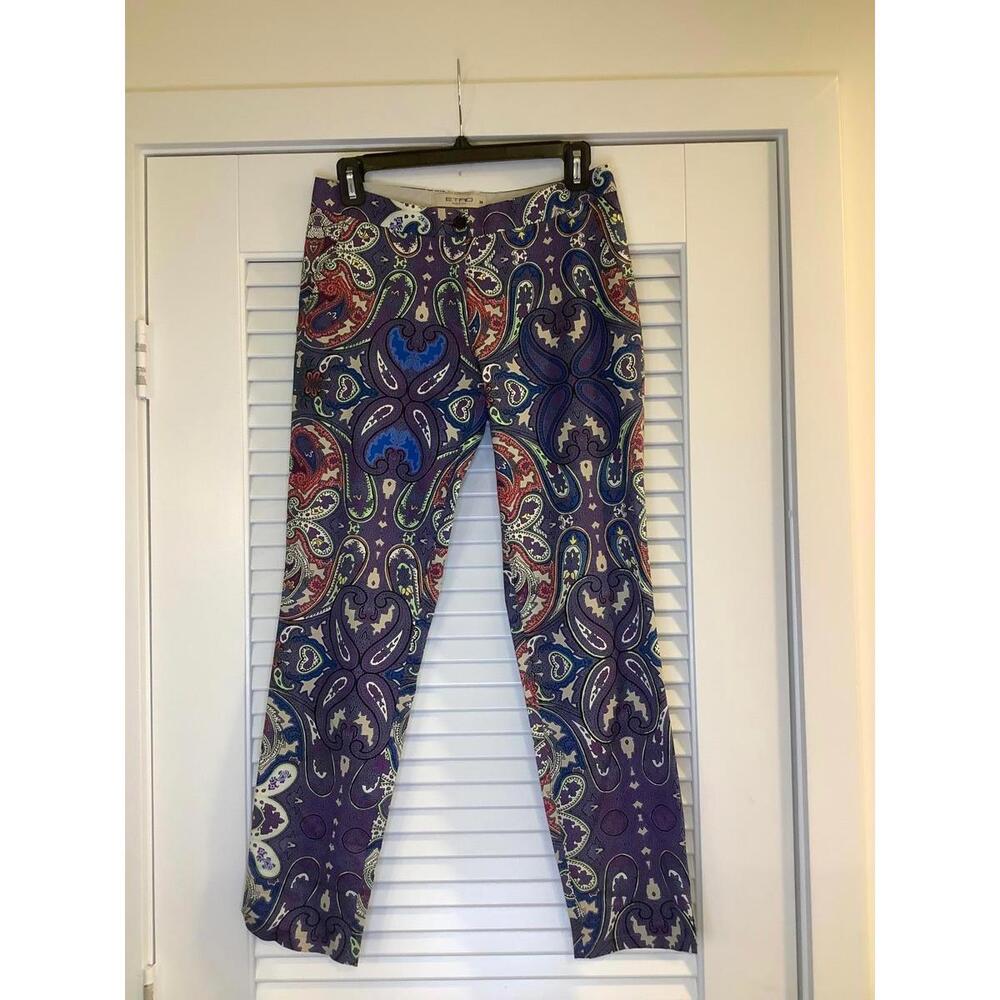 Etro Purple Bristol Jacquard Multicolor Paisley Print Ankle Cigarette Pant 38